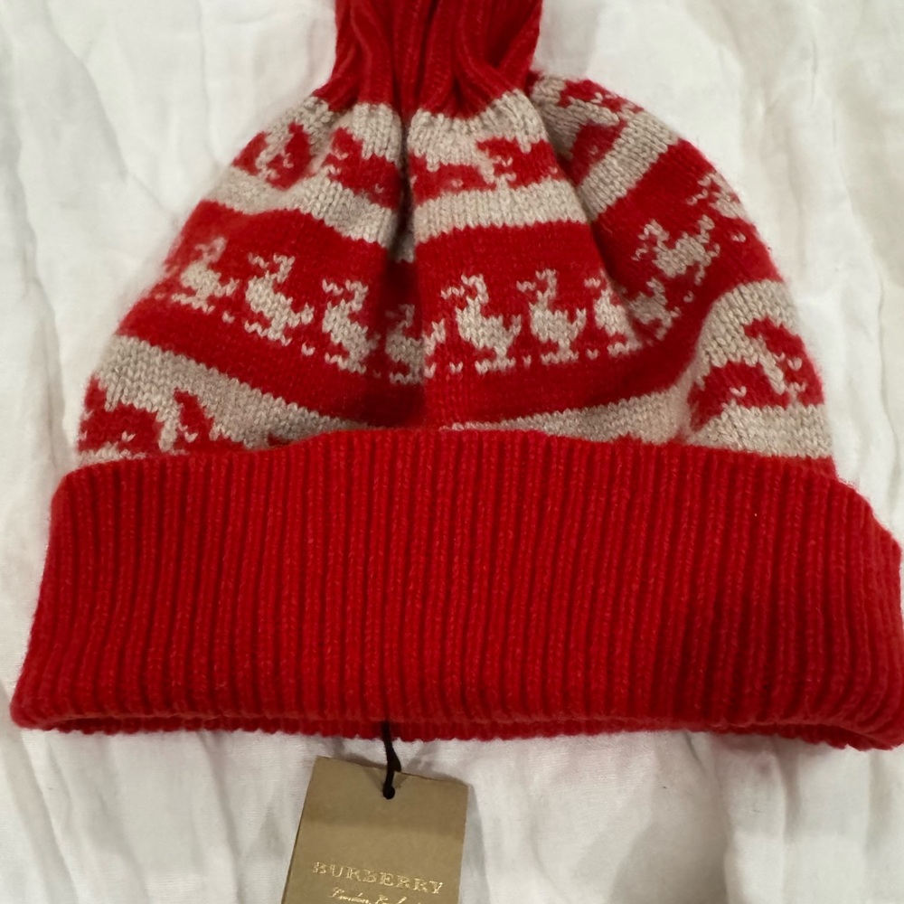 Burberry Red and Cream Knit Beanie with Double Pom Pom
